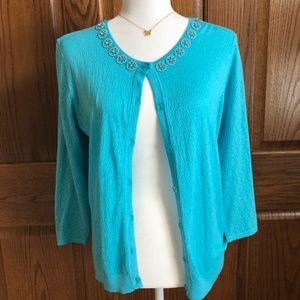 august silk Blue Cardigan w/ Gems Around Neckline